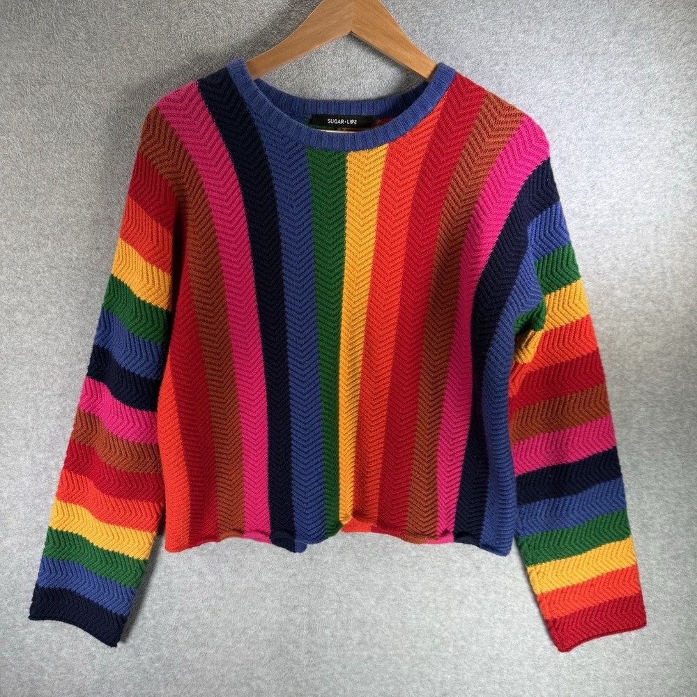 SUGAR + LIPS Rainbow Chevron Knit Sweater Long Sleeve Crew Neck Sweater Medium